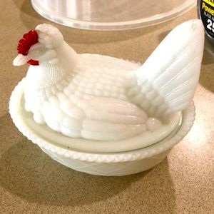 Milk glass hen on nest candy dish